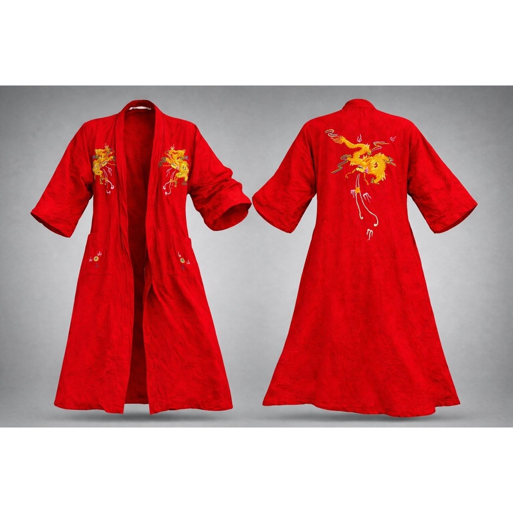 Golden Bee Vintage Red Silk Damask Dragon Embroidered Kimono Robe Duster Jacket